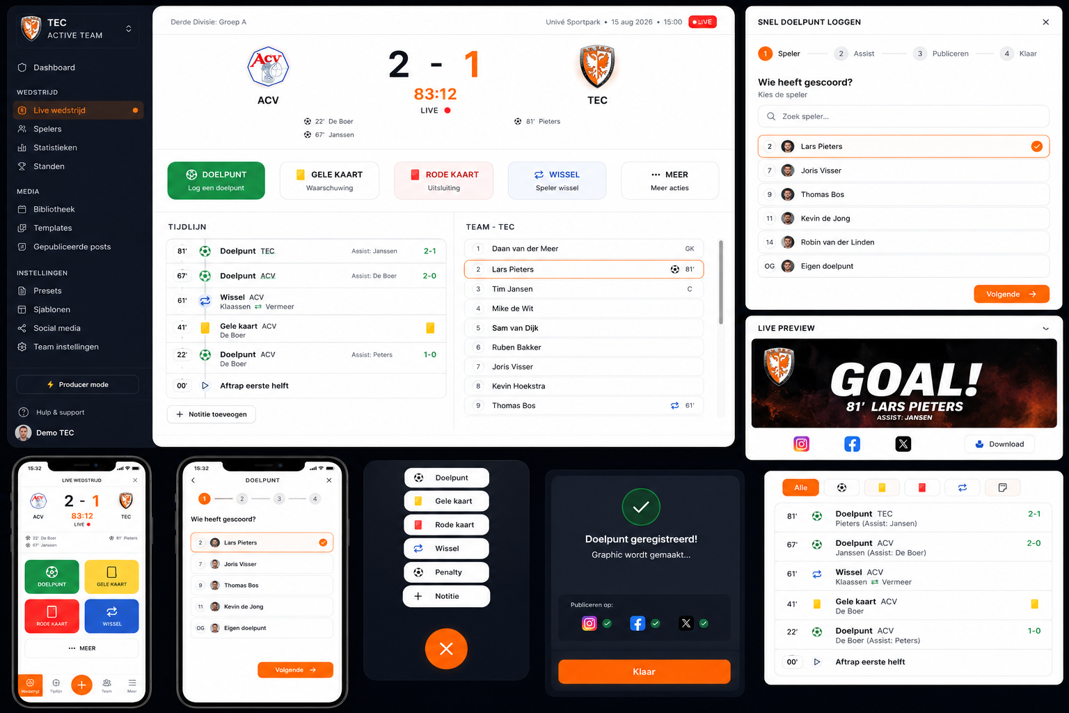Live wedstrijd dashboard met score, tijdlijn en snelle acties